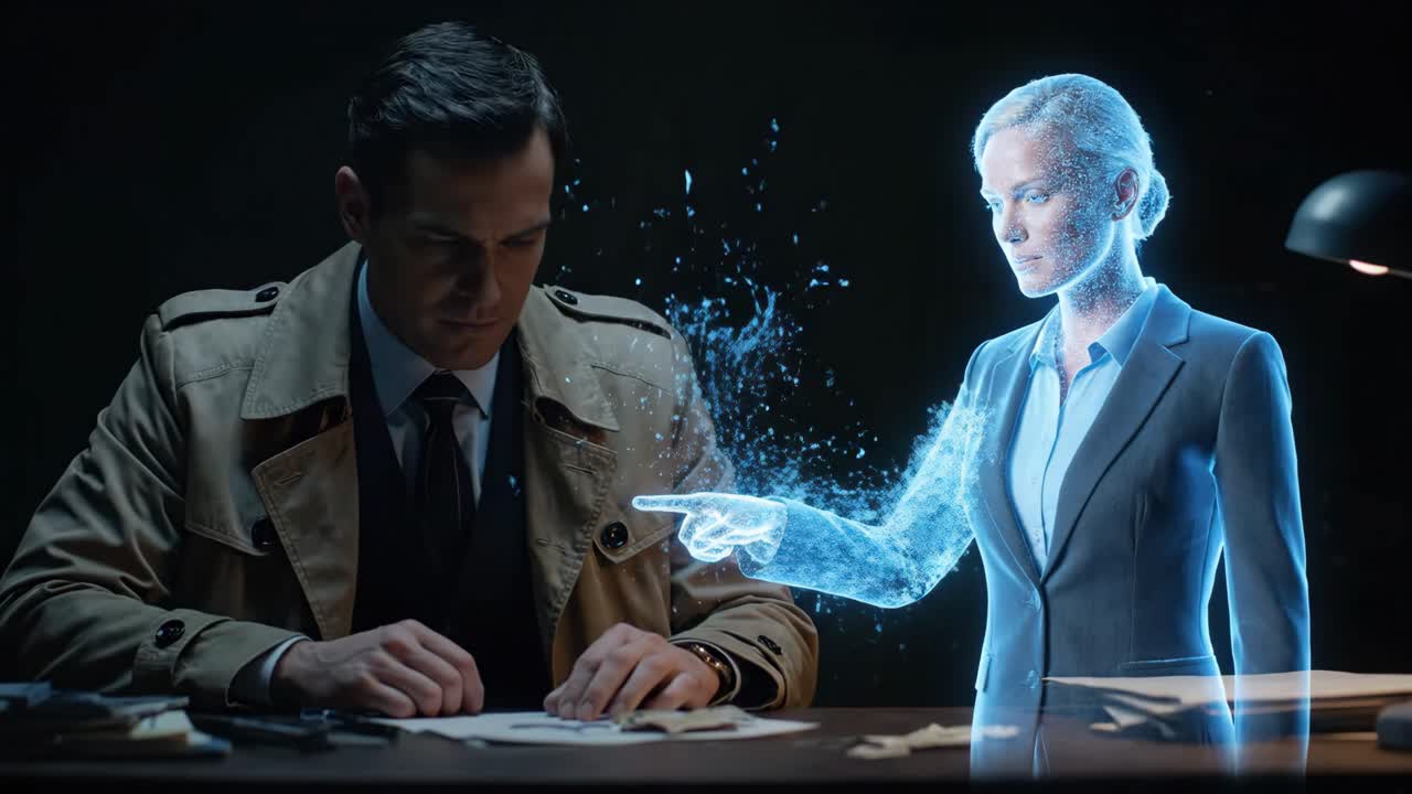 Man and Hologram Businesswoman in Office
