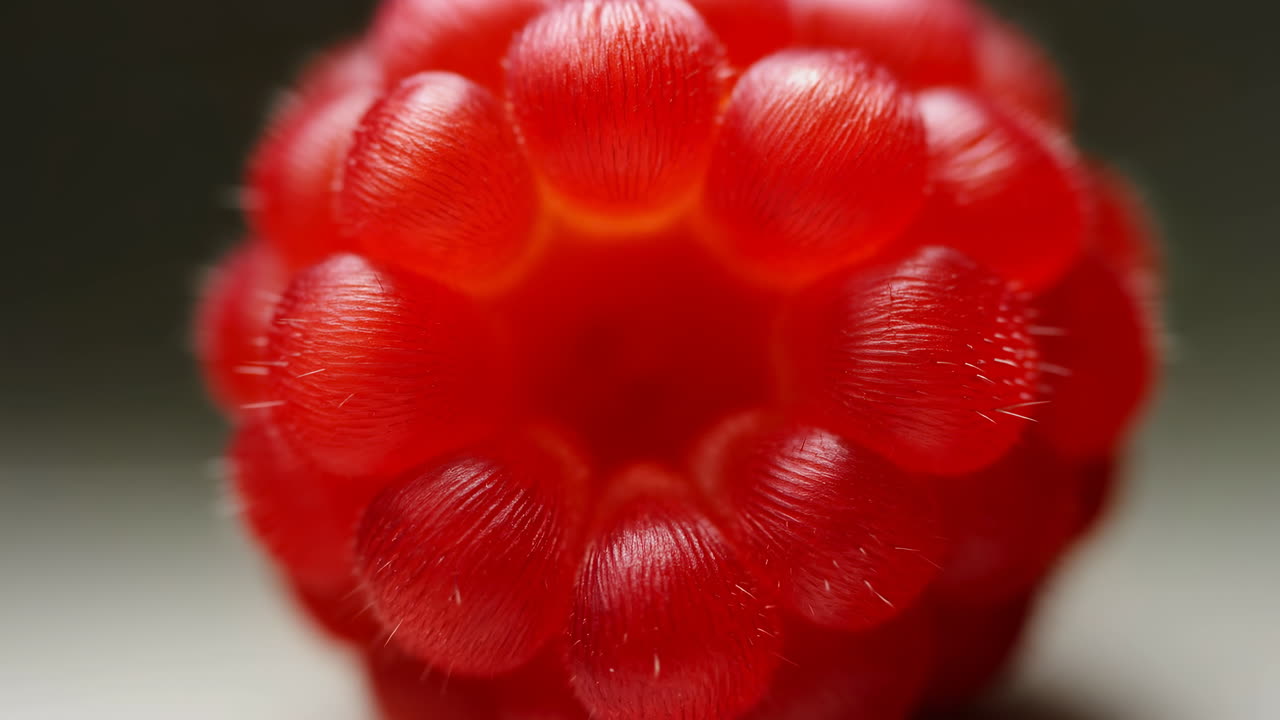 Vibrant Macro Shot Of Raspberry Showcasing Glossy Red Drupelets, Fine Hairs And Juicy Core Against Soft Bokeh