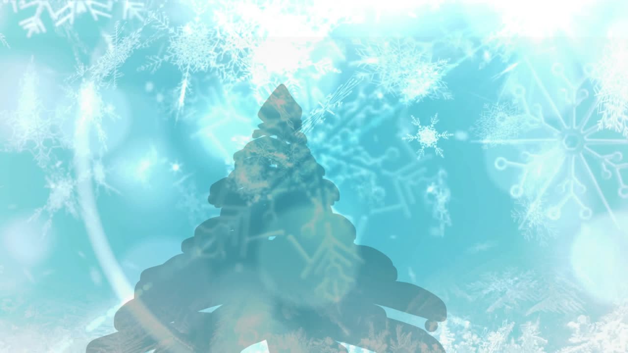 Opening dark silhouette on cyan sky moving bokeh circles and swirling snowflakes enhancing lit cone