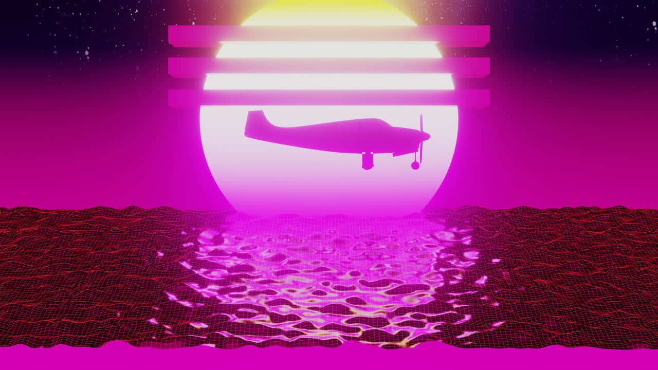 Aereo retro-futuristico che vola sopra acqua a bassa poligonizzazione