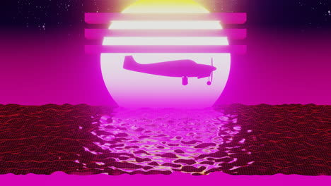 Retro-futuristic-plane-flying-over-low-poly-shaped-water