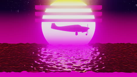 retro futuristic plane flying over low poly shaped water