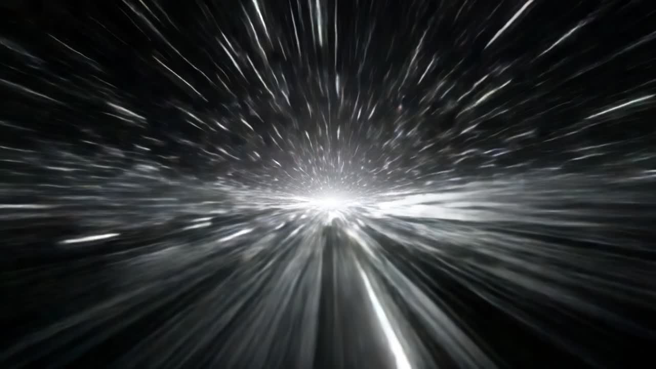Un viaggio attraverso il cosmo: Immagini accattivanti di velocità e luce in un'esperienza iperspaziale che cattura l'essenza della convergenza di tempo e spazio.