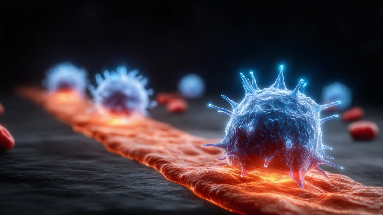 Close-up Visualization of Immune Cells Migrating Along a Biological Surface, Highlighting Cellular Activity and Interaction in a Detailed Microscopic Environment