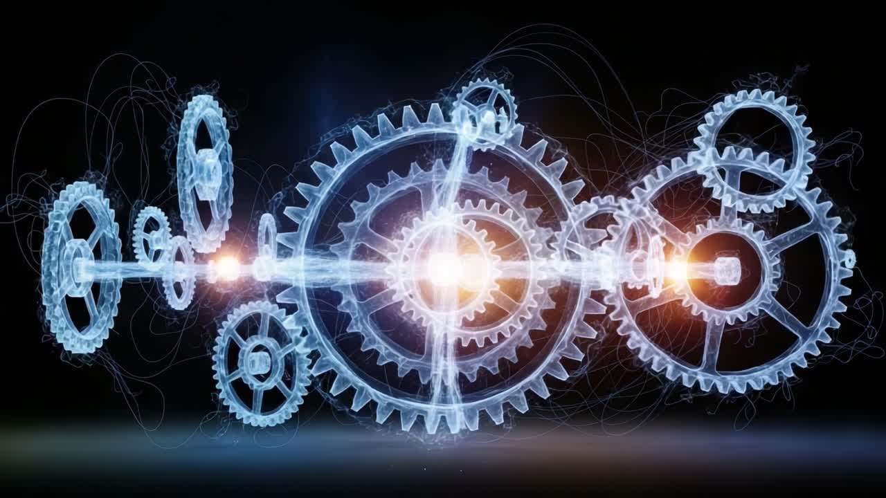 Illuminated Gears and Mechanisms: A Stunning Visualization of Interlocking Cogs in Motion, Radiating Energy and Precision Through Innovative Digital Artistry