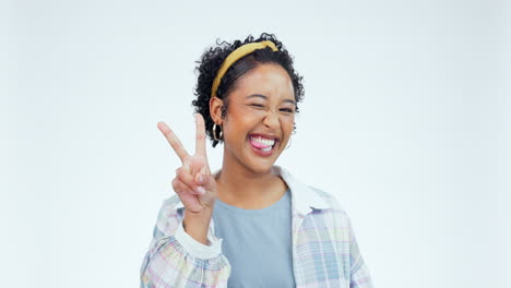 face, funny and woman with peace sign