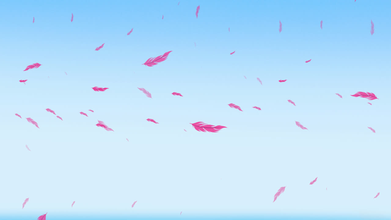 파란 하늘 위에 떨어지는 분홍색 새 털의 애니메이션