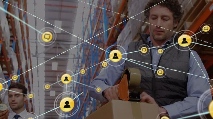 Animation of network of connections with icons over diverse people working in warehouse