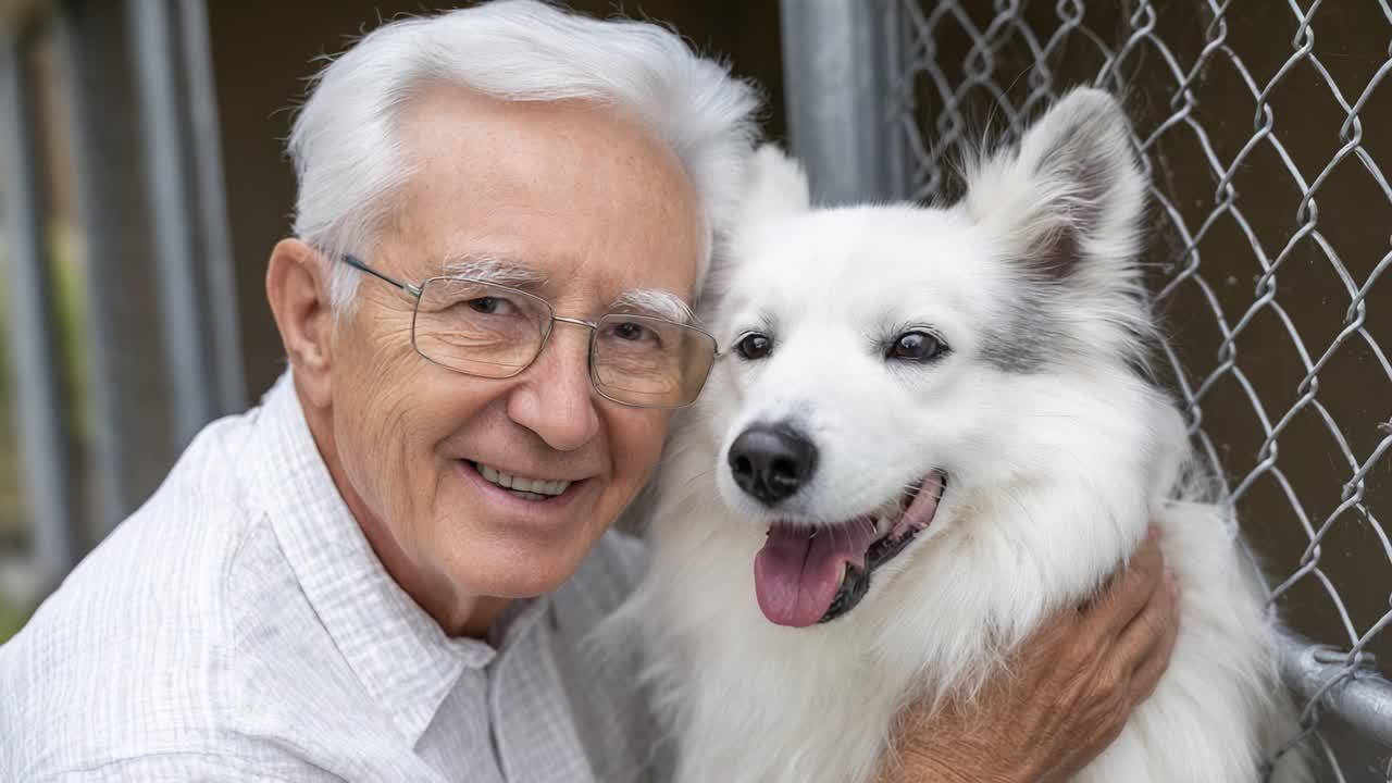 A Heartwarming Bond: An Elderly Man Joyfully Embracing His Beloved Dog, Capturing Moments of Friendship and Love in a Charming Outdoor Setting