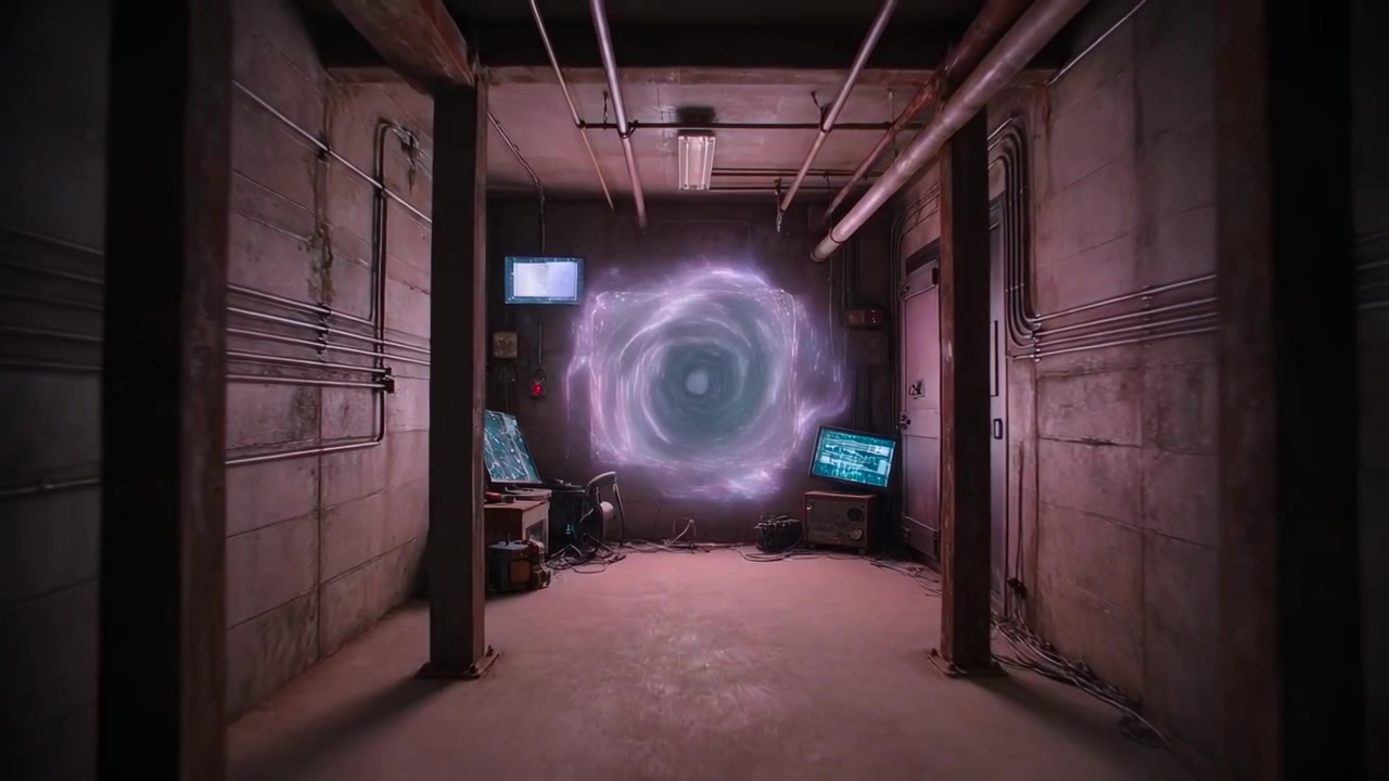 Pulling camera back as sequence starts, revealing spinning vortex in corridor with monitors, cables