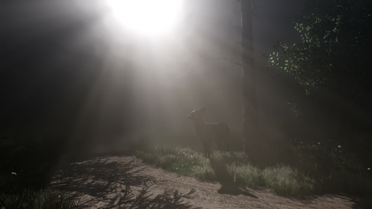 hembra de ciervo en el bosque en la niebla