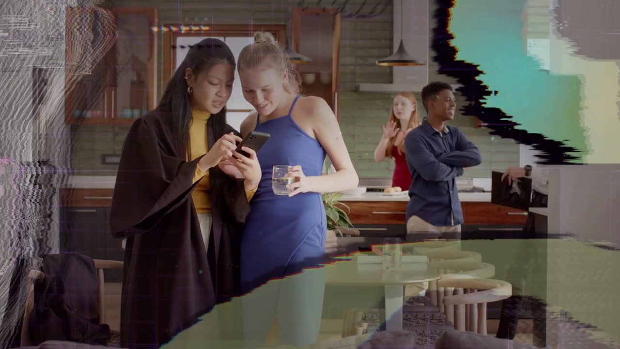 Two women getting message checking or tapping phone in kitchen sharing for business overlays sweepin