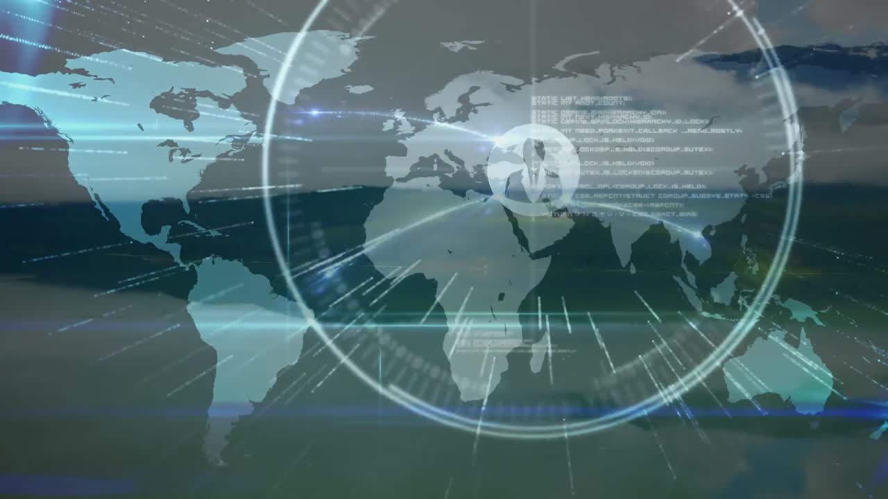 아이콘으로 연결된 네트워크의 애니메이션 세계 지도와 풍경