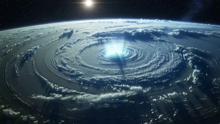 Pulsing ringed storm emitting bluish column over planet limb, sunlight near horizon causing shadows