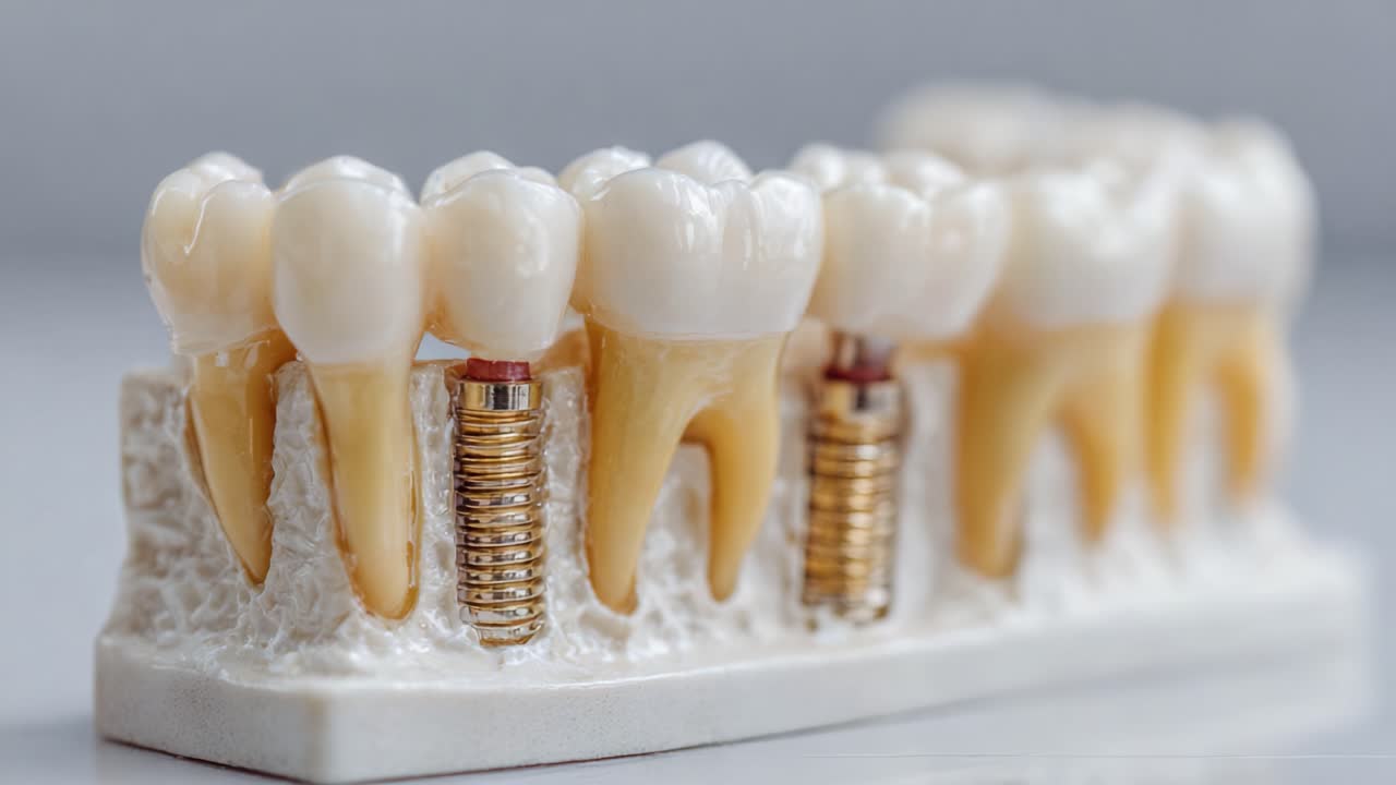 Detailed Close-Up of Dental Implants Model Showcasing Advanced Tooth Replacement Technology with Realistic Design and Materials for Educational and Demonstrative Purposes