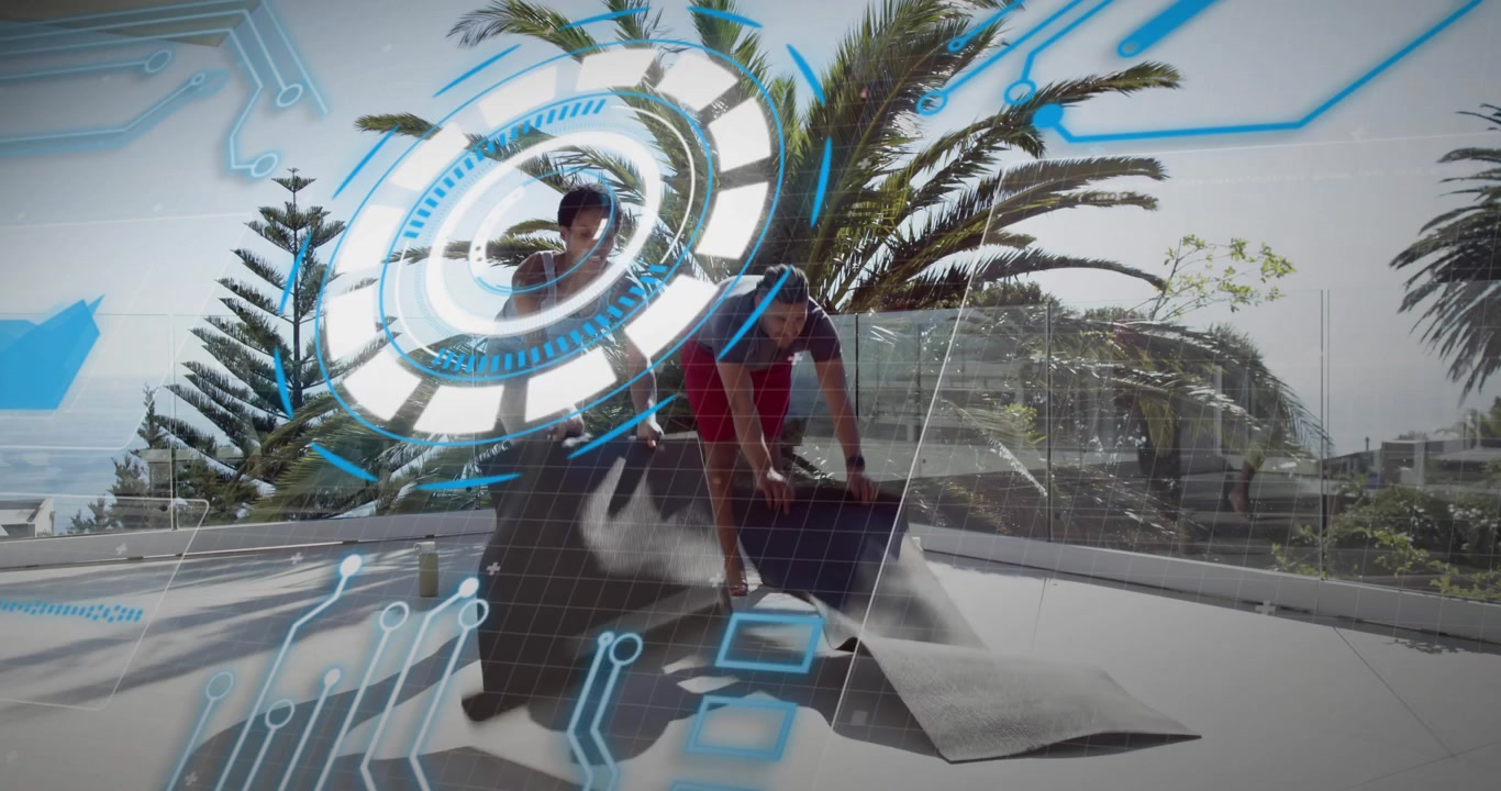Woman entering roof showing holographic UI while man placing bottles unrolling yoga mat for fitness