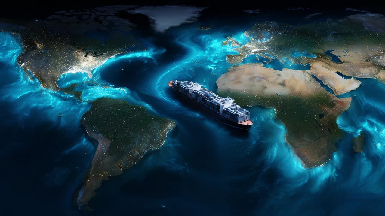 Container ship crossing the ocean on world map