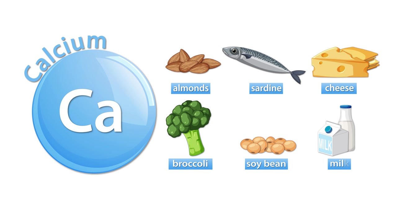 Animerad kalciumikon med märkta matkällor: mandlar, sardin, ost, broccoli, sojaböna, mjölk