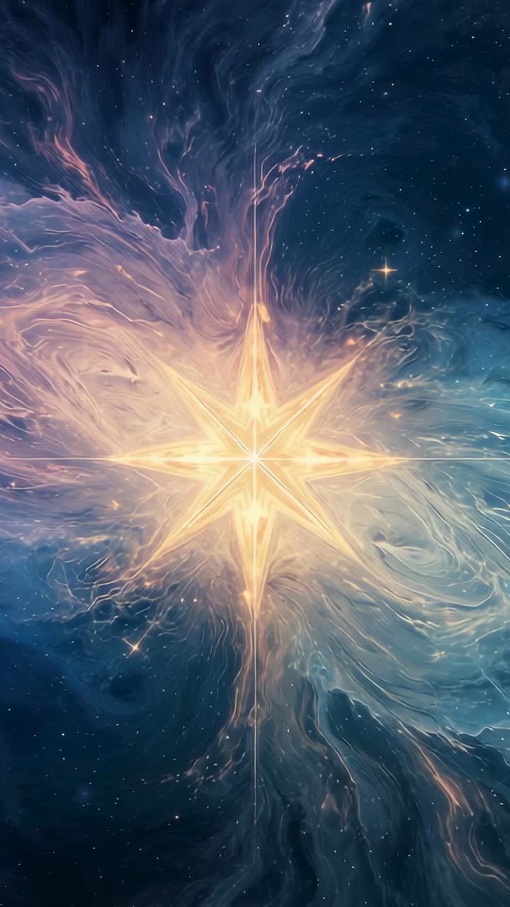 Vertical video: Shifting cosmos revealing eight-pointed star pulsing light in space, nebular swirl