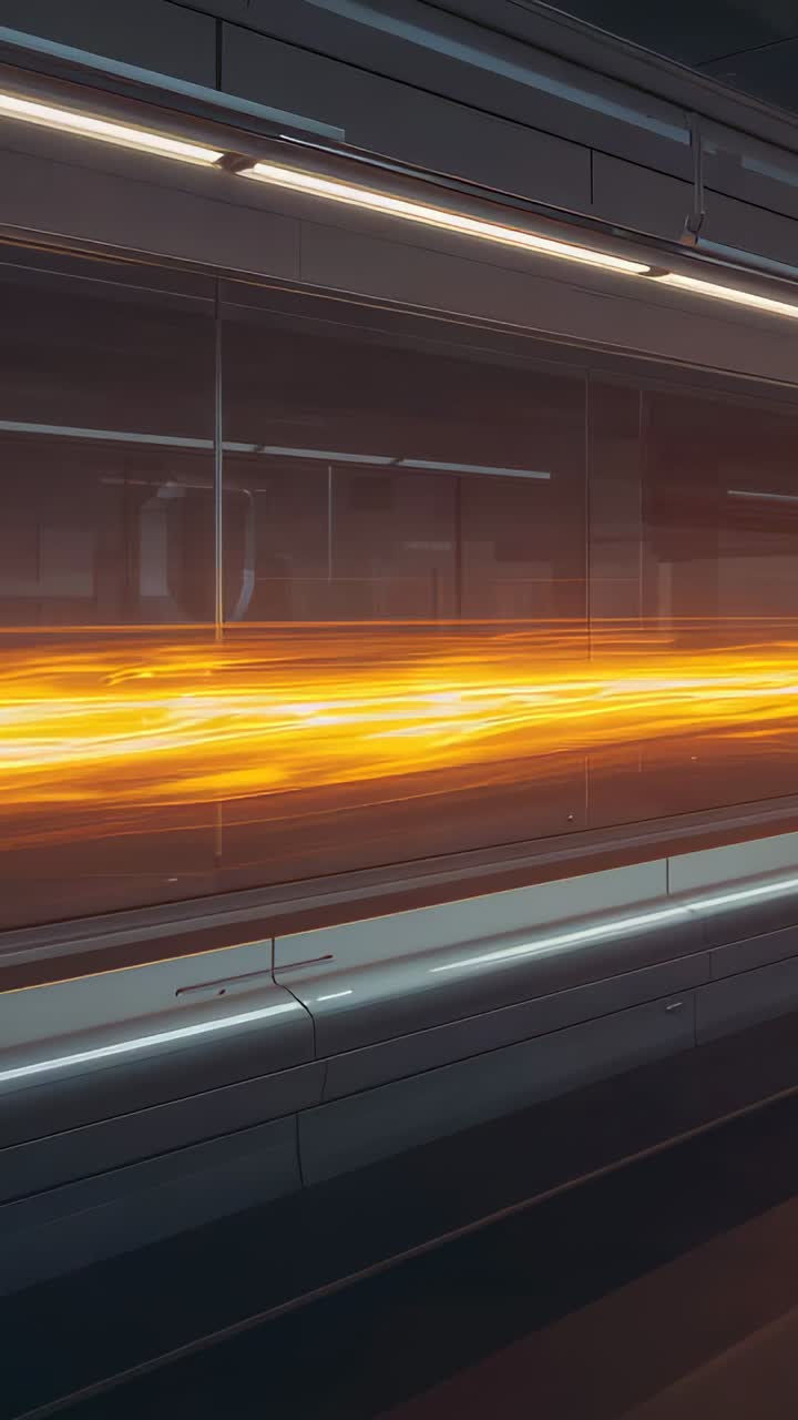 Vertical video: Emerging orange-gold streak pulsing across metal wall at station, reflecting ledge