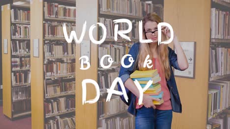 Animation-of-world-book-day-over-caucasian-woman-with-books-in-library