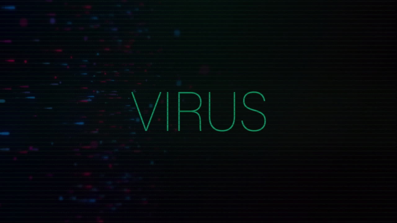 Animation of virus text over blue and red shapes on black background