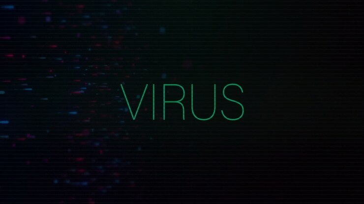 Animazione del testo "virus" su forme blu e rosse su sfondo nero