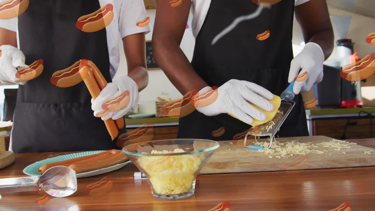 Preparing hot dogs with grated cheese, hot dog animation over kitchen scene