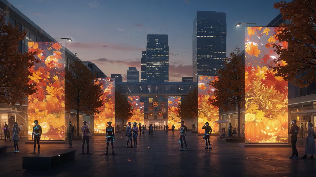 An Enchanting Autumn Night in the City: A Vibrant Display of Fall Colors, Pumpkins, and Illuminated Screens Captivating Visitors in the Heart of Urban Life