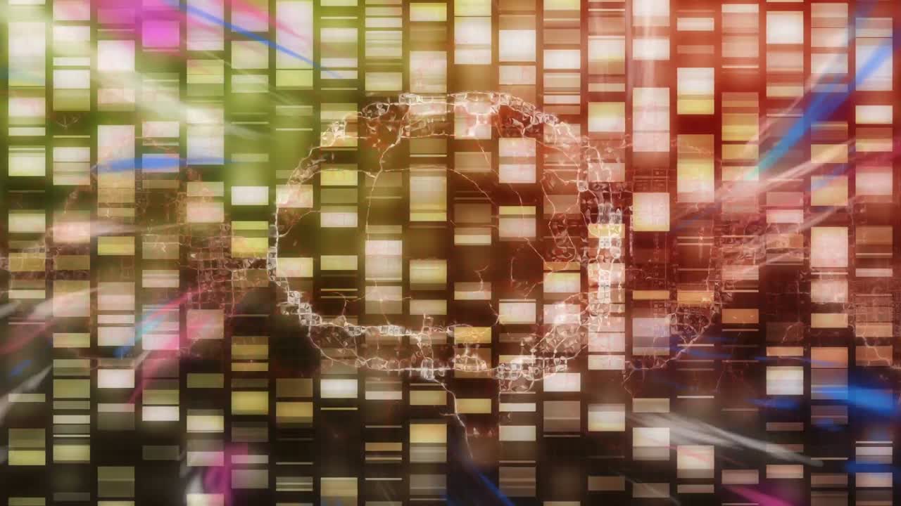 빛의 기둥 위에 디지털 두뇌와 보라색 트레일의 애니메이션