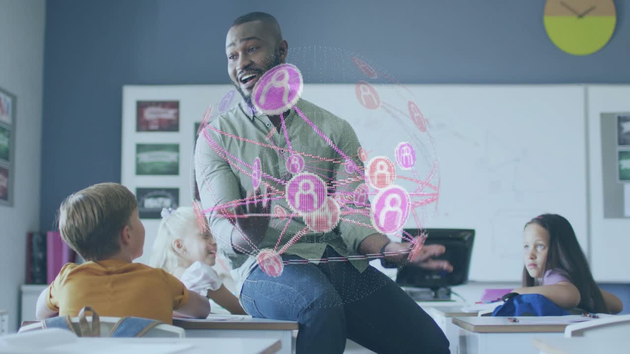 Vertical video: Teacher on desk gesturing to boy making pink network orbiting hands educating kids
