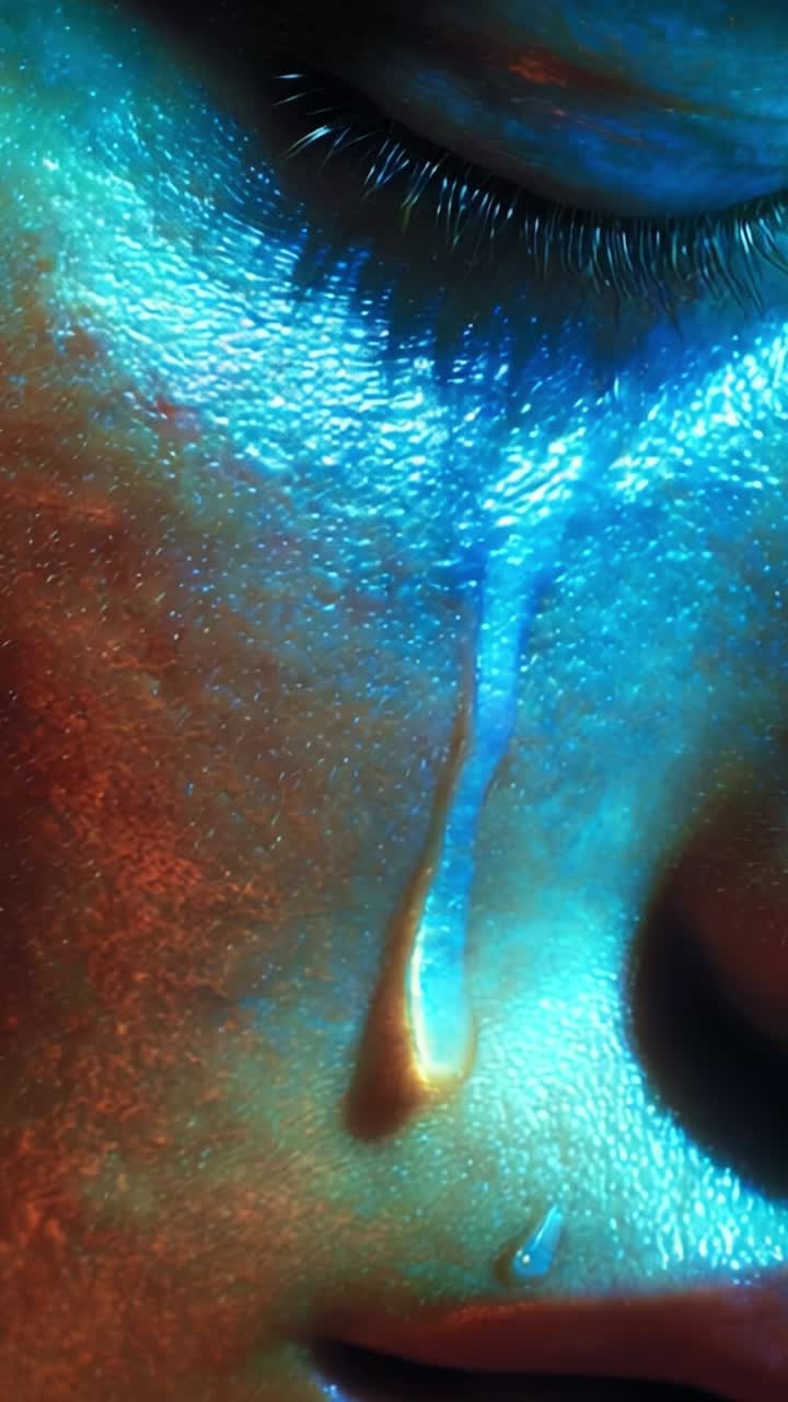 A Close-Up of a Face with a Tear Glimmering as Light Reflects Off Skin, Creating a Dramatic Contrast of Colors and Emotion in an Artistic Display