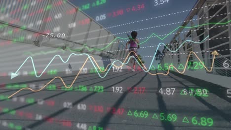 animation of stock market data processing against rear view of fit woman running on the city bridge