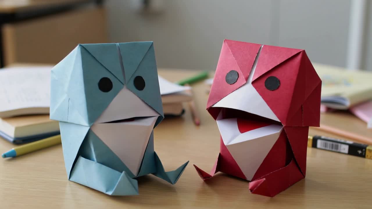Puppeteering blue and red origami puppets alternating mouth movements on wooden desk, with pencils