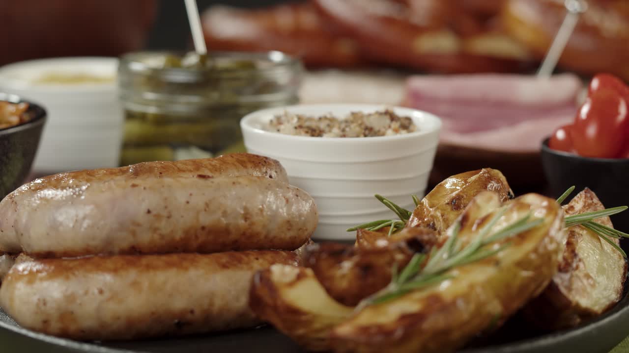 Mão Colocando Tigela de Mostarda ao Lado de Salsichas e Batatas Assadas