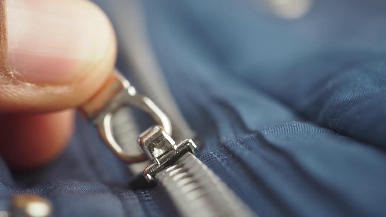 Hand closing zipper on a blue jacket