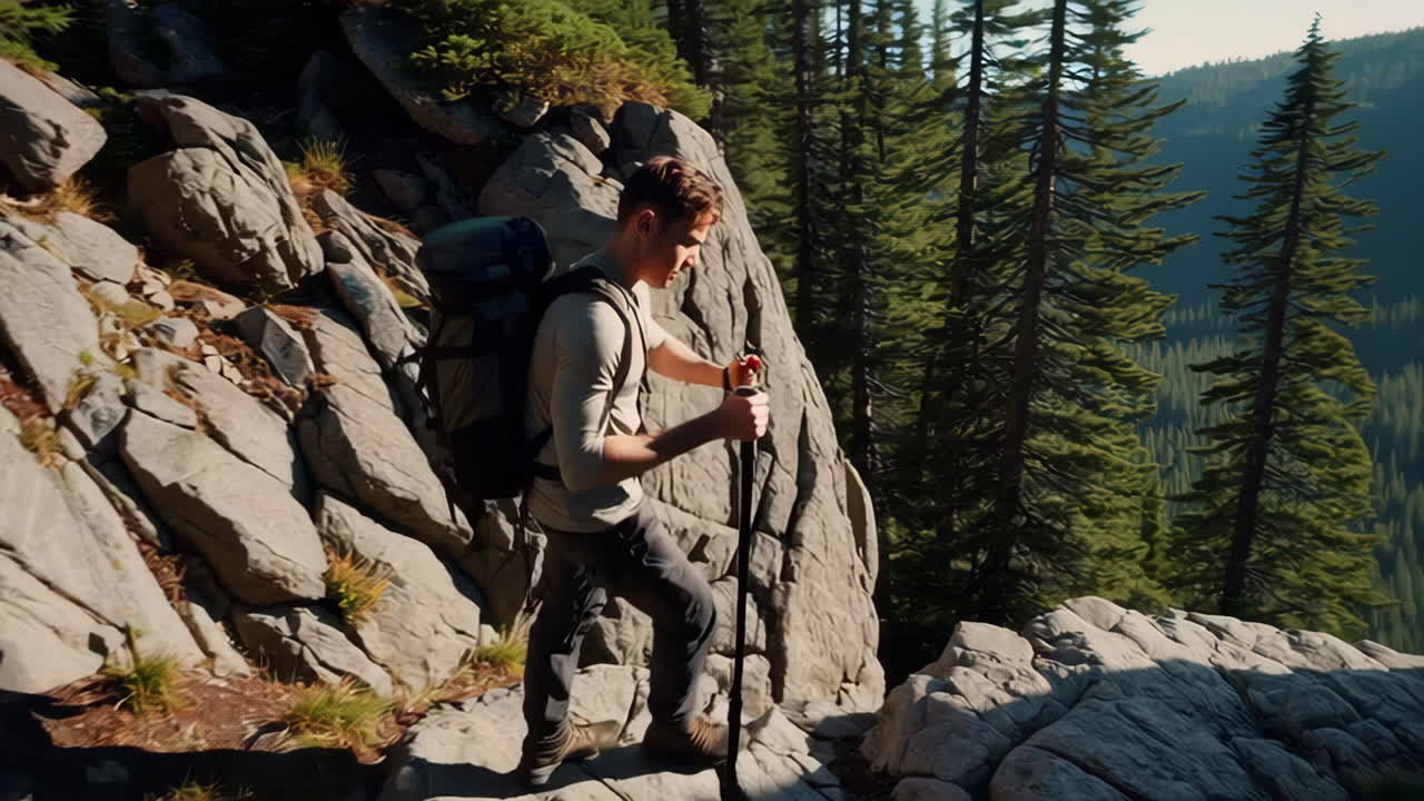 Hiker on Mountain Trail Overlooking Forest Valley