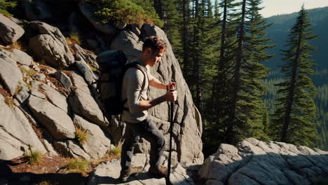 hiker on mountain trail overlooking forest valley