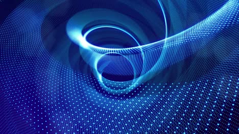 bg de alta tecnología azul con partículas de brillo forman una estructura espiral compleja. espacio digital de ciencia ficción en bucle 3d, las partículas forman líneas y ondas de superficie. concepto de flujo de información de alta tecnología, blockchain. dof