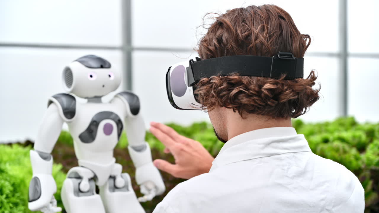 Laboratory technician in a white coat wearing virtual reality headset interacting with humanoid robot near different types of lettuce in a greenhouse farm