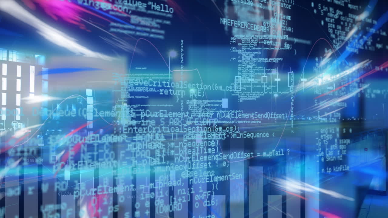 Animation of data processing over blue background with pink and blue lights
