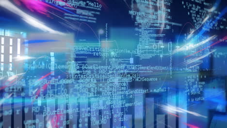 animación del procesamiento de datos sobre fondo azul con luces rosas y azules