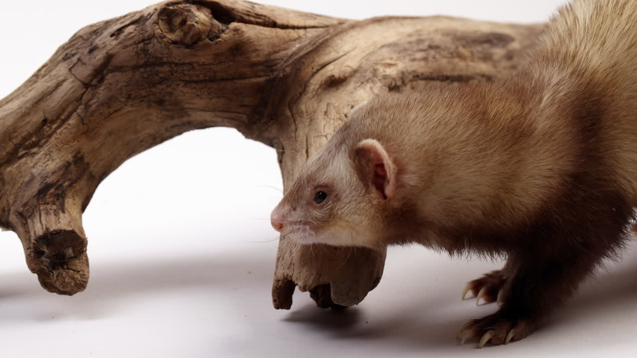 흰 족제비는 나무 가지 스니핑 주위를 산책 - 흰색 배경에 고립 - 측면 프로필