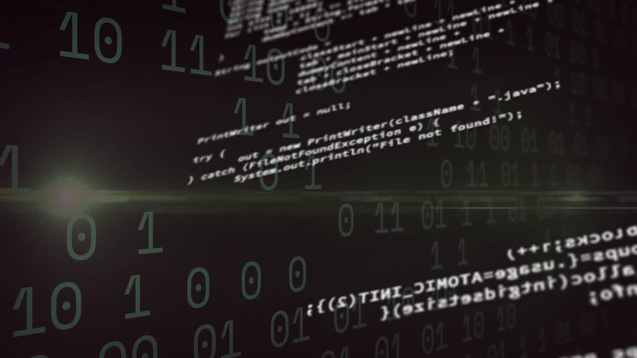 On startup binary digits drifting and code panels sliding, shrinking and fading showing data flow