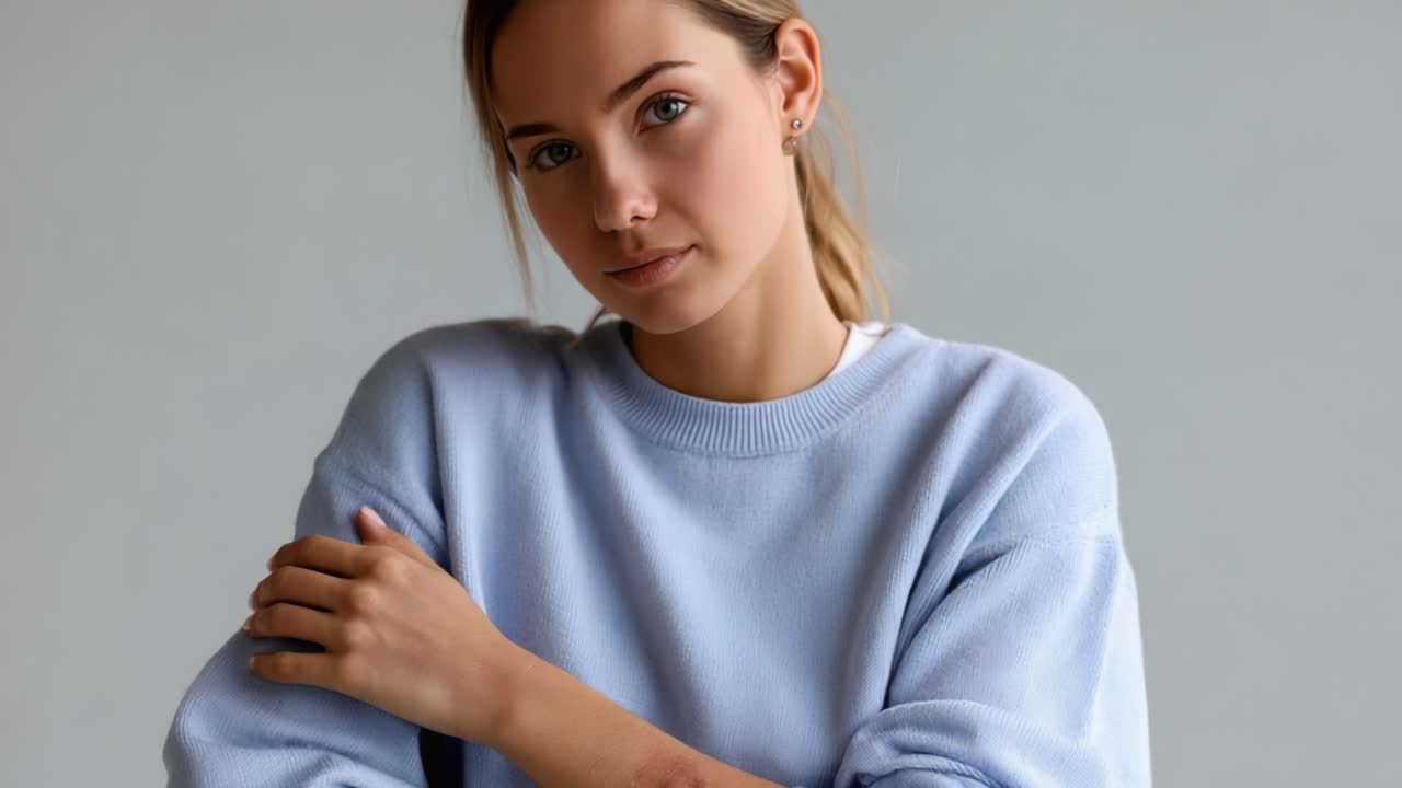 A Thoughtful Young Woman in a Light Blue Sweater Expressing Emotion in a Minimalistic Setting, Capturing the Complexity of Human Feelings in a Simple Yet Impactful Portrait