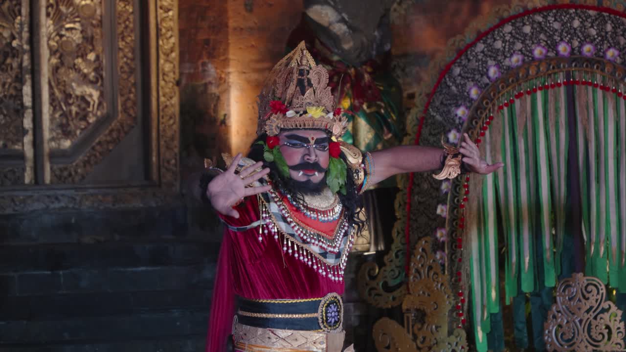King Rahwana Dance Close-up at Ubud Palace, Bali During Legong and Ramayana Traditional Theater Dance Performance - Face Expressions an Hands Movement Details
