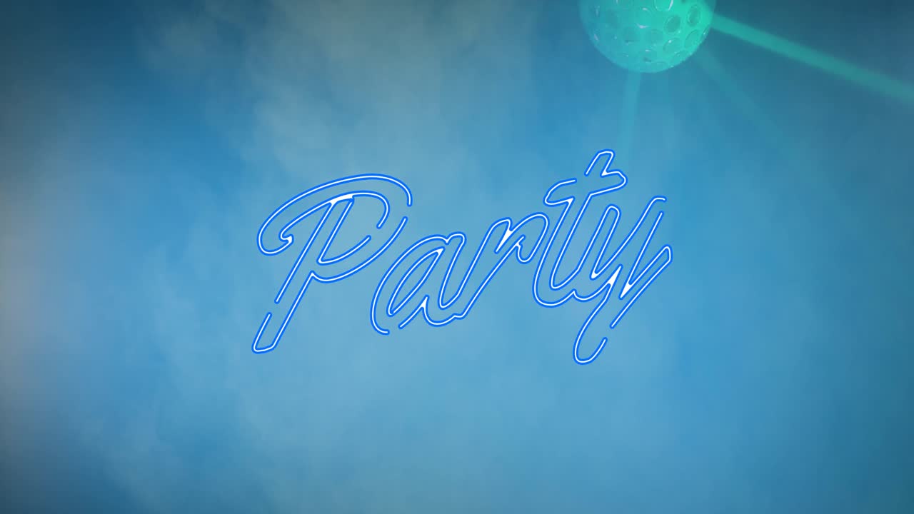 Animation von Party-Text über Lichtflecken auf blauem Hintergrund