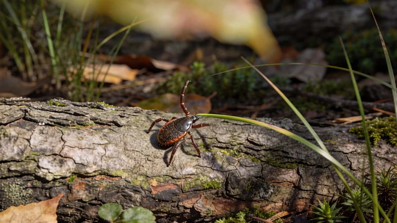 Creeping small brown arachnid sensing nearby grass, turning, probing and climbing mossy fallen log