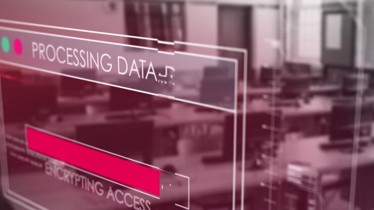 Animation of data processing over empty office