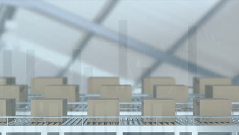 animation of data processing over boxes on conveyor belts in warehouse